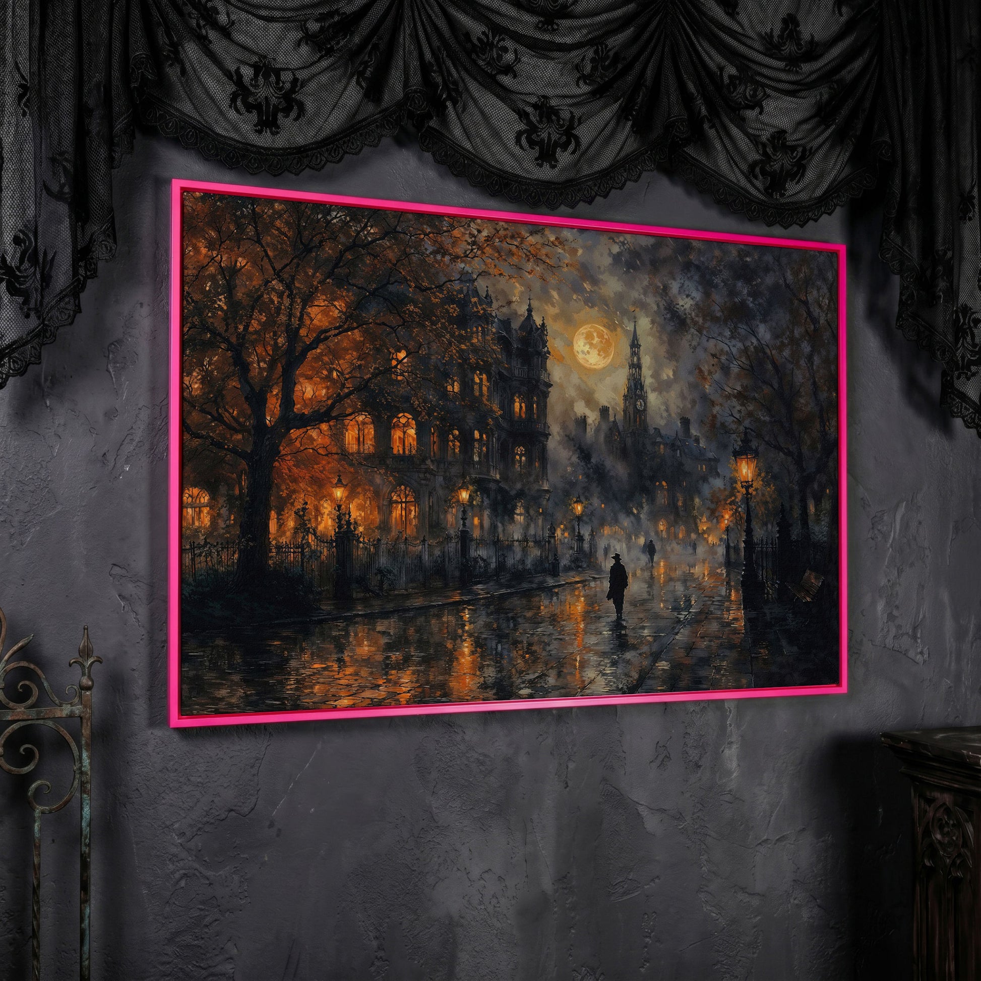 Moonlit Gothic Victorian Street Scene Canvas Wall Art in pink floating frame