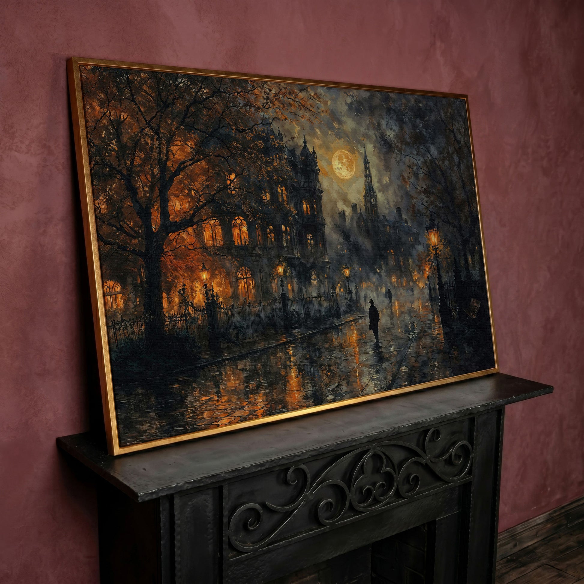 Moonlit Gothic Victorian Street Scene Canvas Wall Art in rose gold floating frame