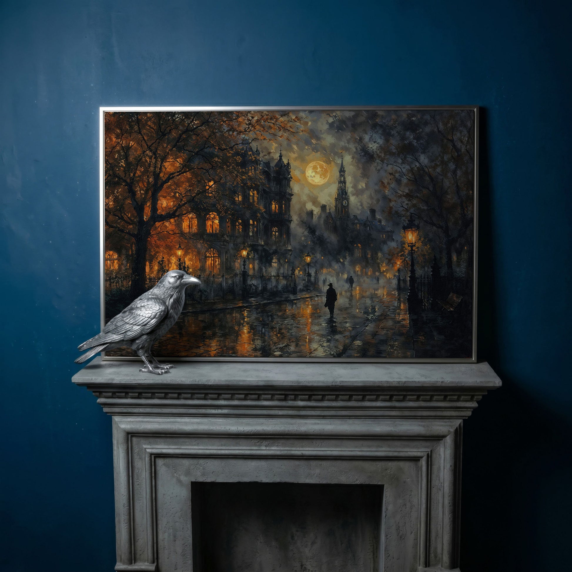 Moonlit Gothic Victorian Street Scene Canvas Wall Art in silver floating frame