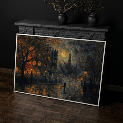 Moonlit Gothic Victorian Street Scene Canvas Wall Art in white floating frame