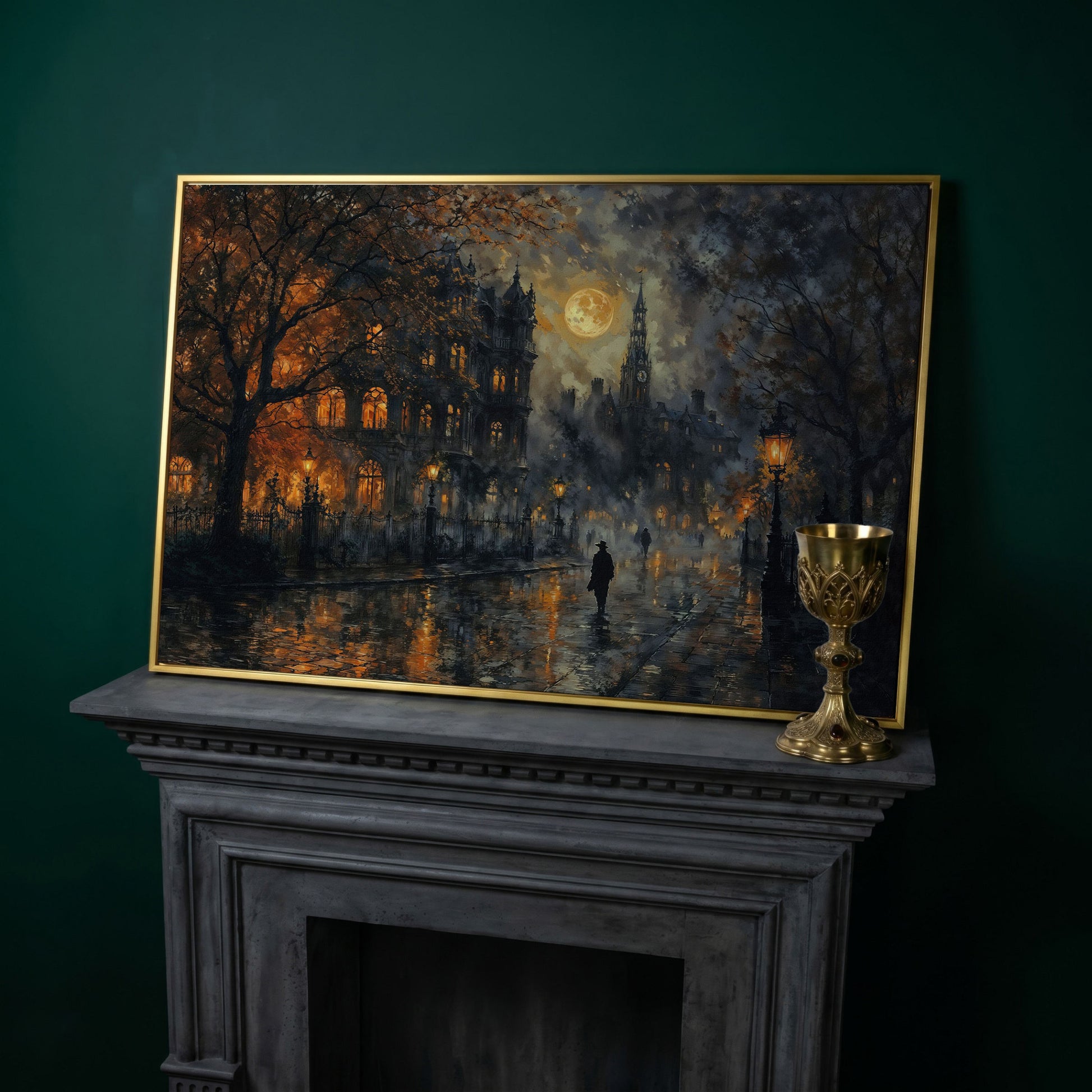 Moonlit Gothic Victorian Street Scene Canvas Wall Art in yellow gold floating frame