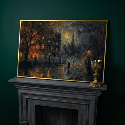 Moonlit Gothic Victorian Street Scene Canvas Wall Art in yellow gold floating frame