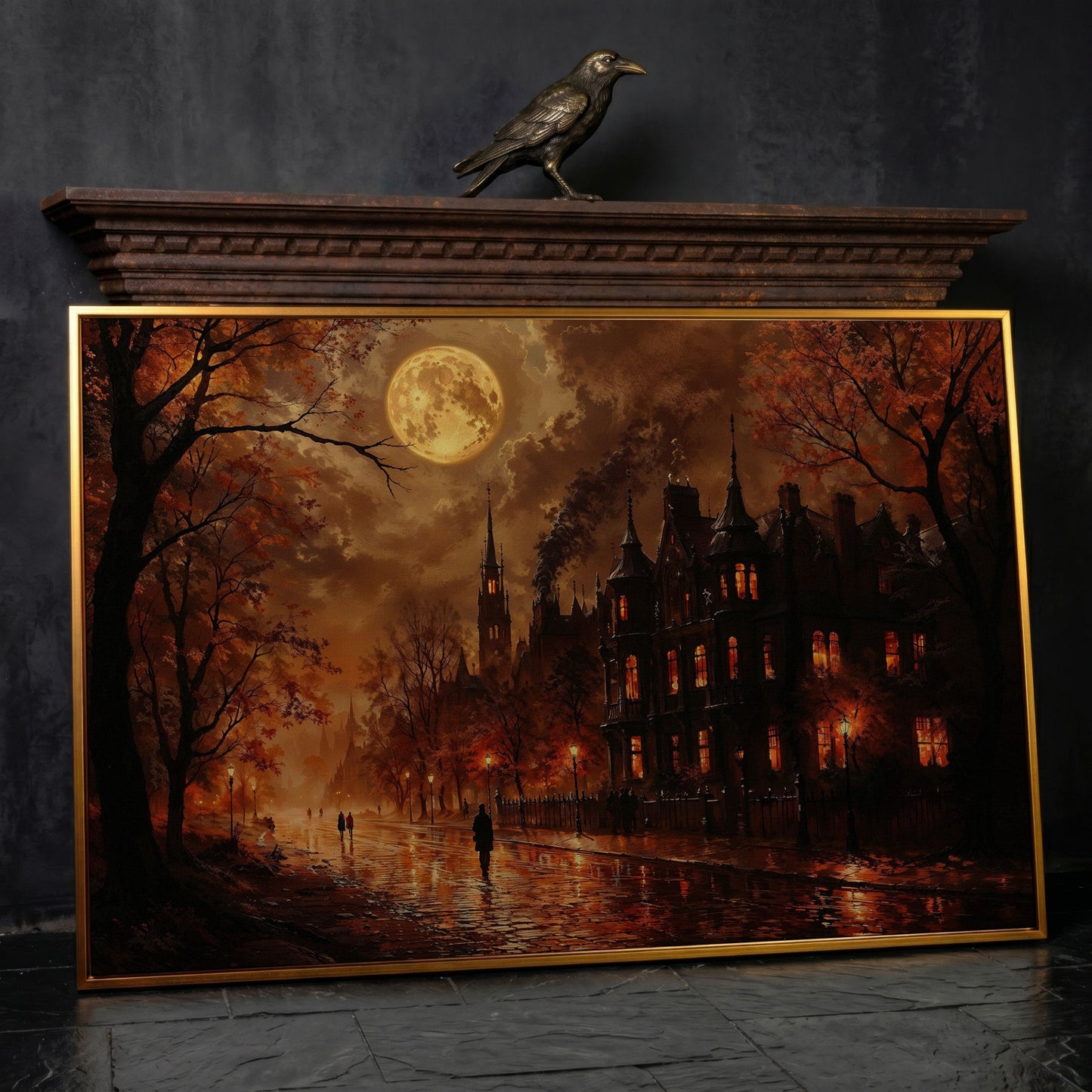 Gothic Moonlit Cityscape Canvas Art, Victorian Street Under Full Moon in antique gold floating frame