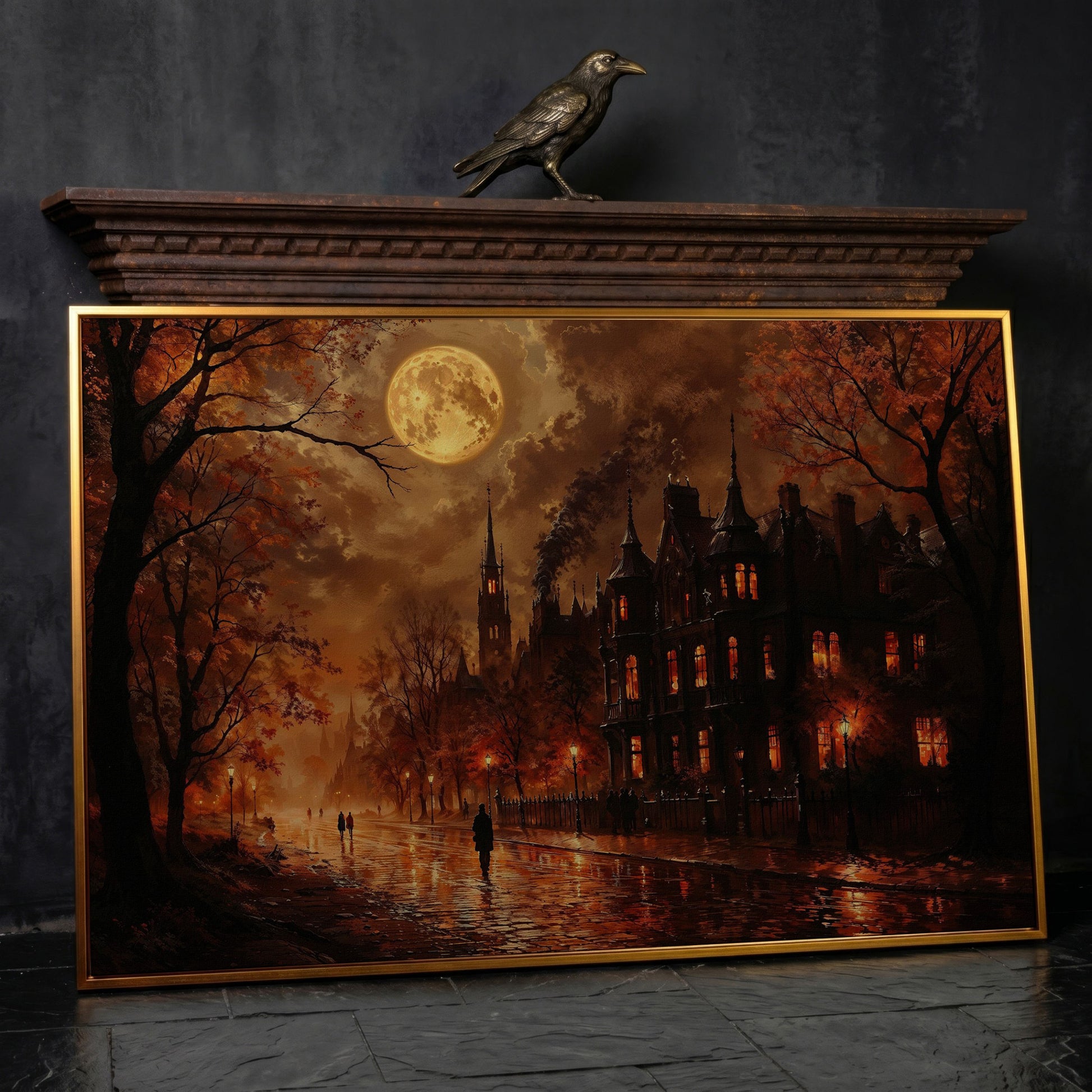 Gothic Moonlit Cityscape Canvas Art, Victorian Street Under Full Moon in antique gold floating frame