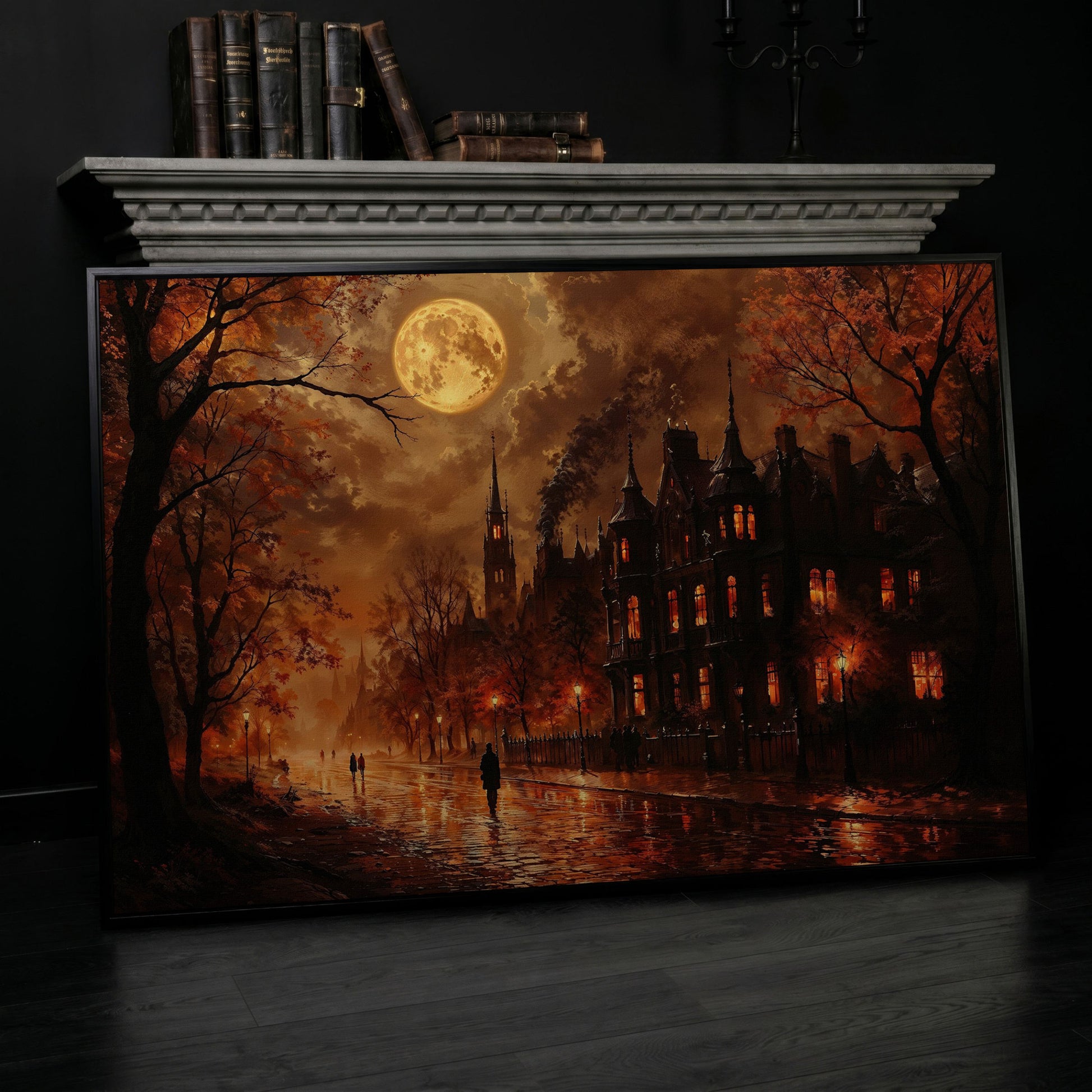Gothic Moonlit Cityscape Canvas Art, Victorian Street Under Full Moon in black floating frame