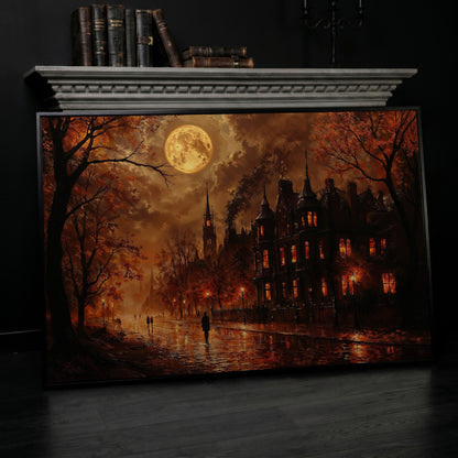 Gothic Moonlit Cityscape Canvas Art, Victorian Street Under Full Moon in black floating frame