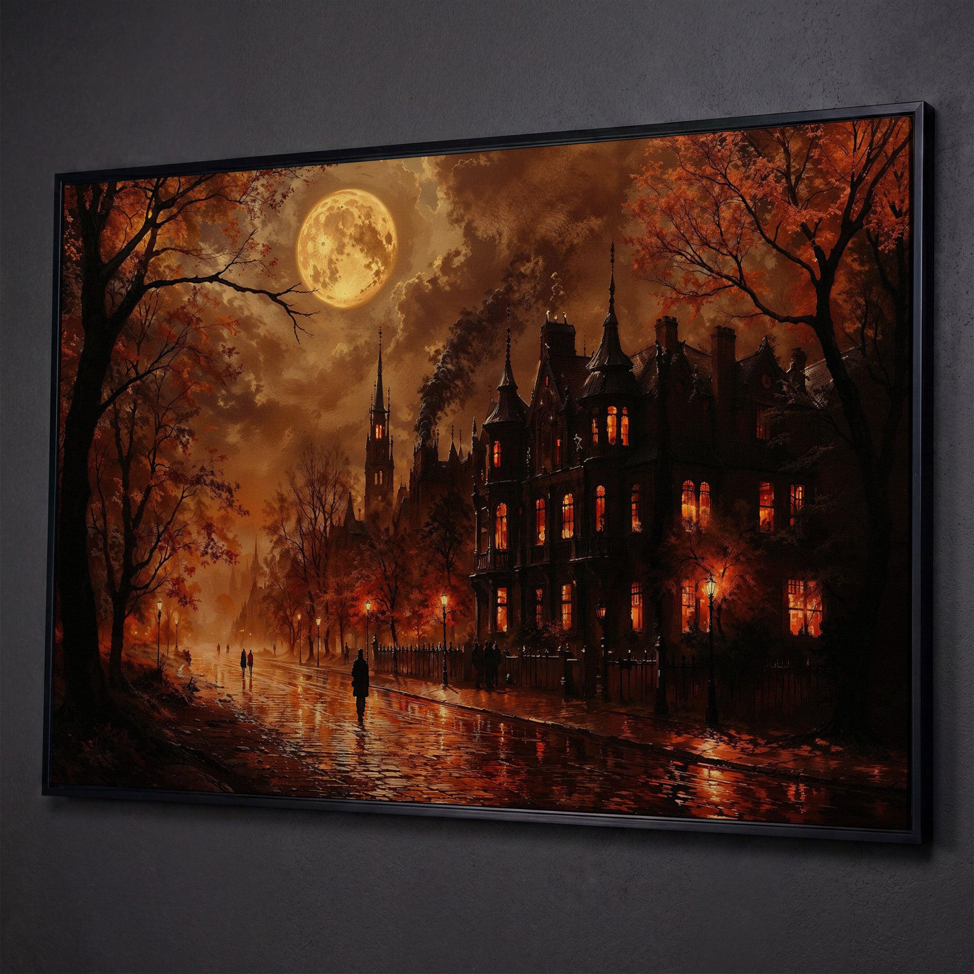 Gothic Moonlit Cityscape Canvas Art, Victorian Street Under Full Moon shown in black floating frame