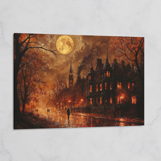 Gothic Moonlit Cityscape Canvas Art, Victorian Street Under Full Moon on gallery wrap