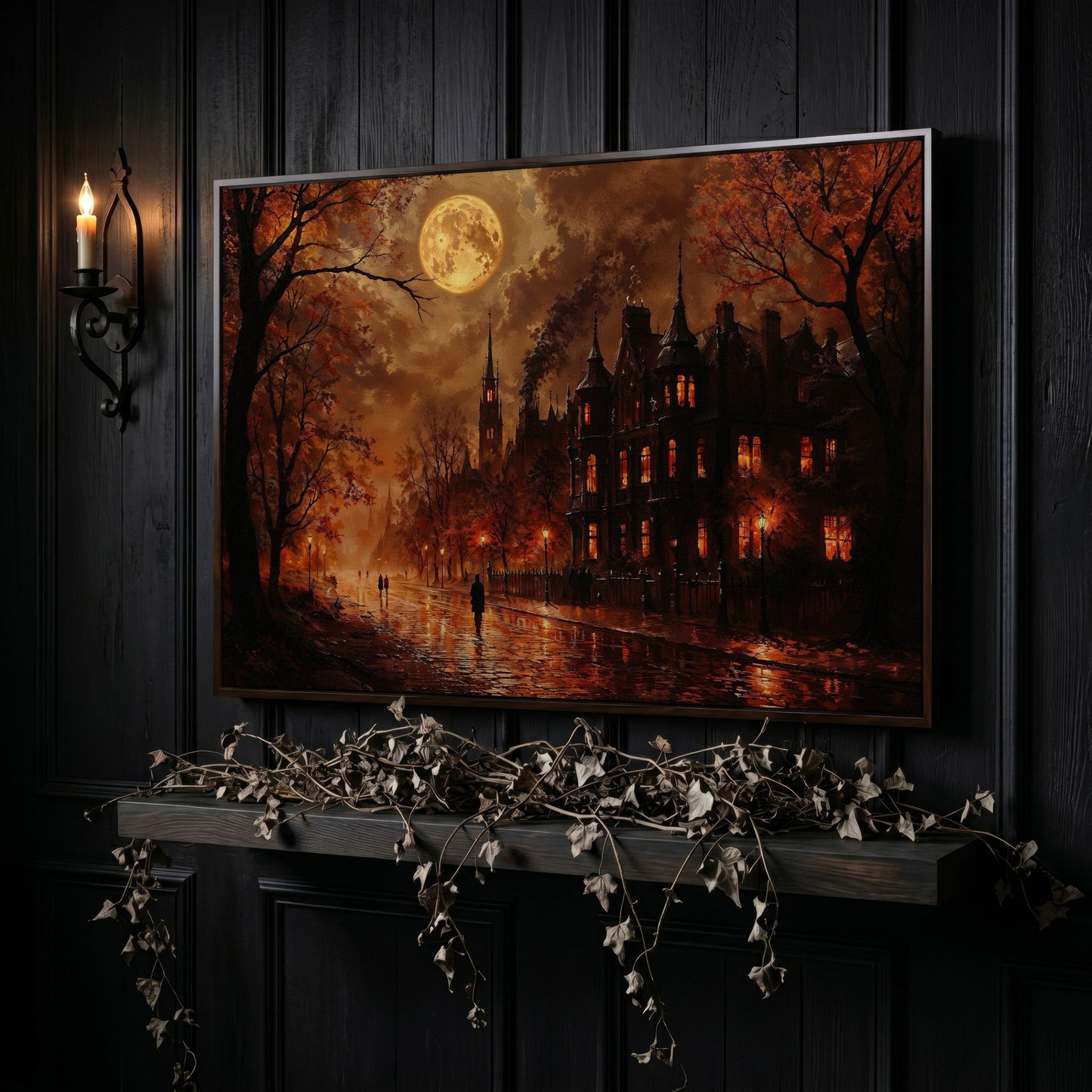 Gothic Moonlit Cityscape Canvas Art, Victorian Street Under Full Moon in dark walnut floating frame