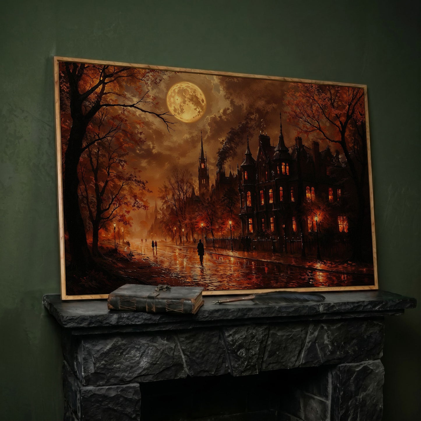 Gothic Moonlit Cityscape Canvas Art, Victorian Street Under Full Moon in white oak floating frame