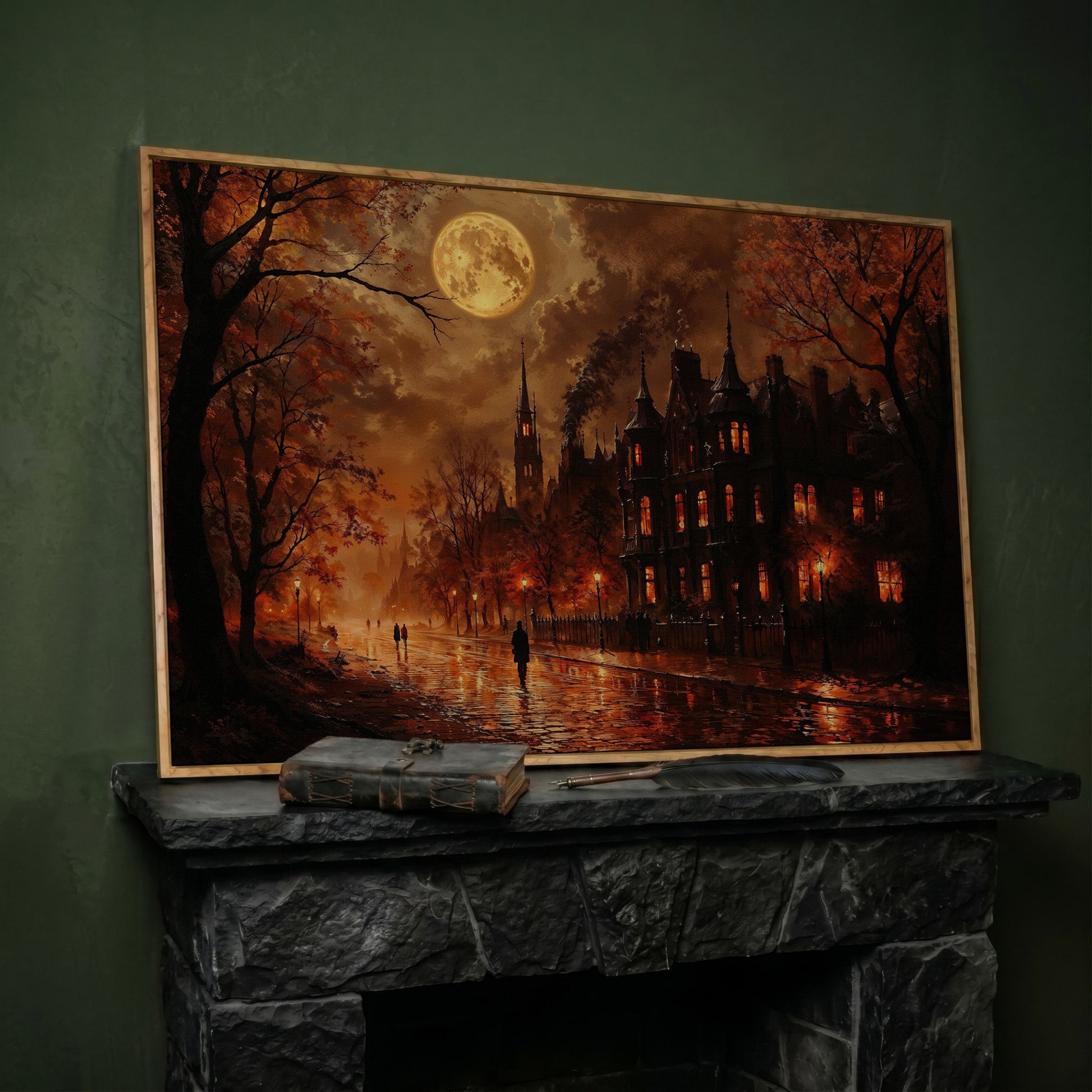 Gothic Moonlit Cityscape Canvas Art, Victorian Street Under Full Moon in white oak floating frame