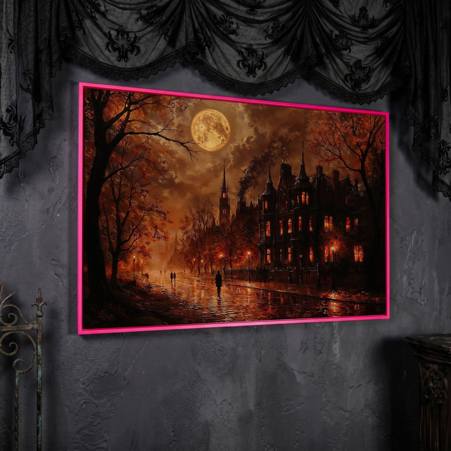 Gothic Moonlit Cityscape Canvas Art, Victorian Street Under Full Moon in pink floating frame