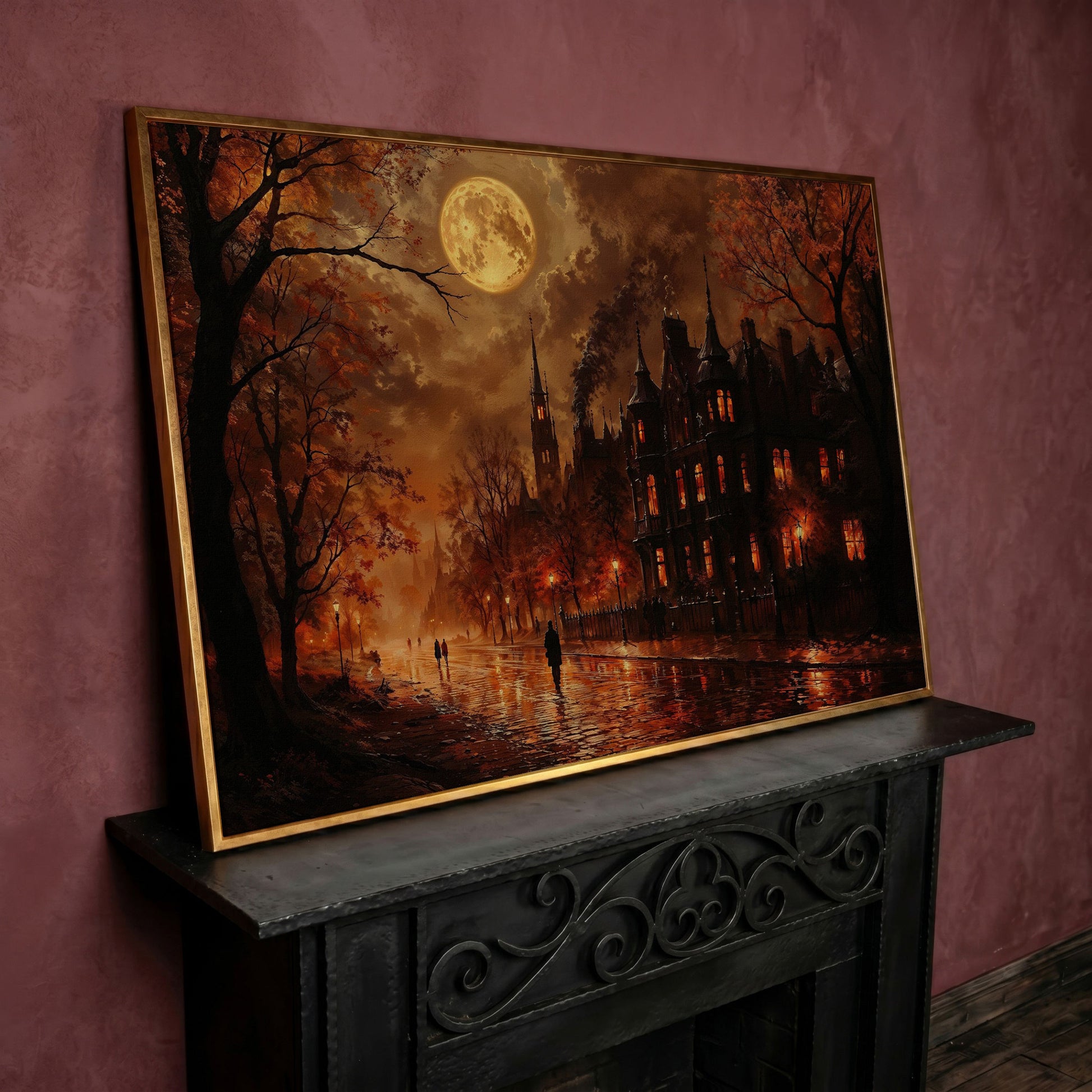 Gothic Moonlit Cityscape Canvas Art, Victorian Street Under Full Moon in rose gold floating frame