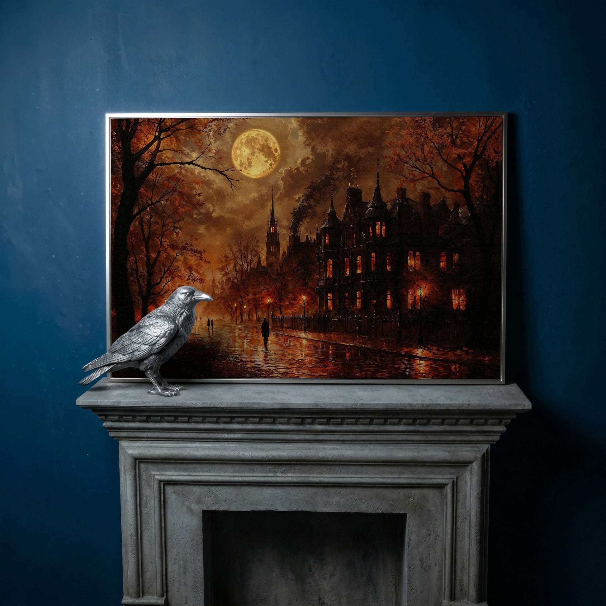 Gothic Moonlit Cityscape Canvas Art, Victorian Street Under Full Moon in silver floating frame