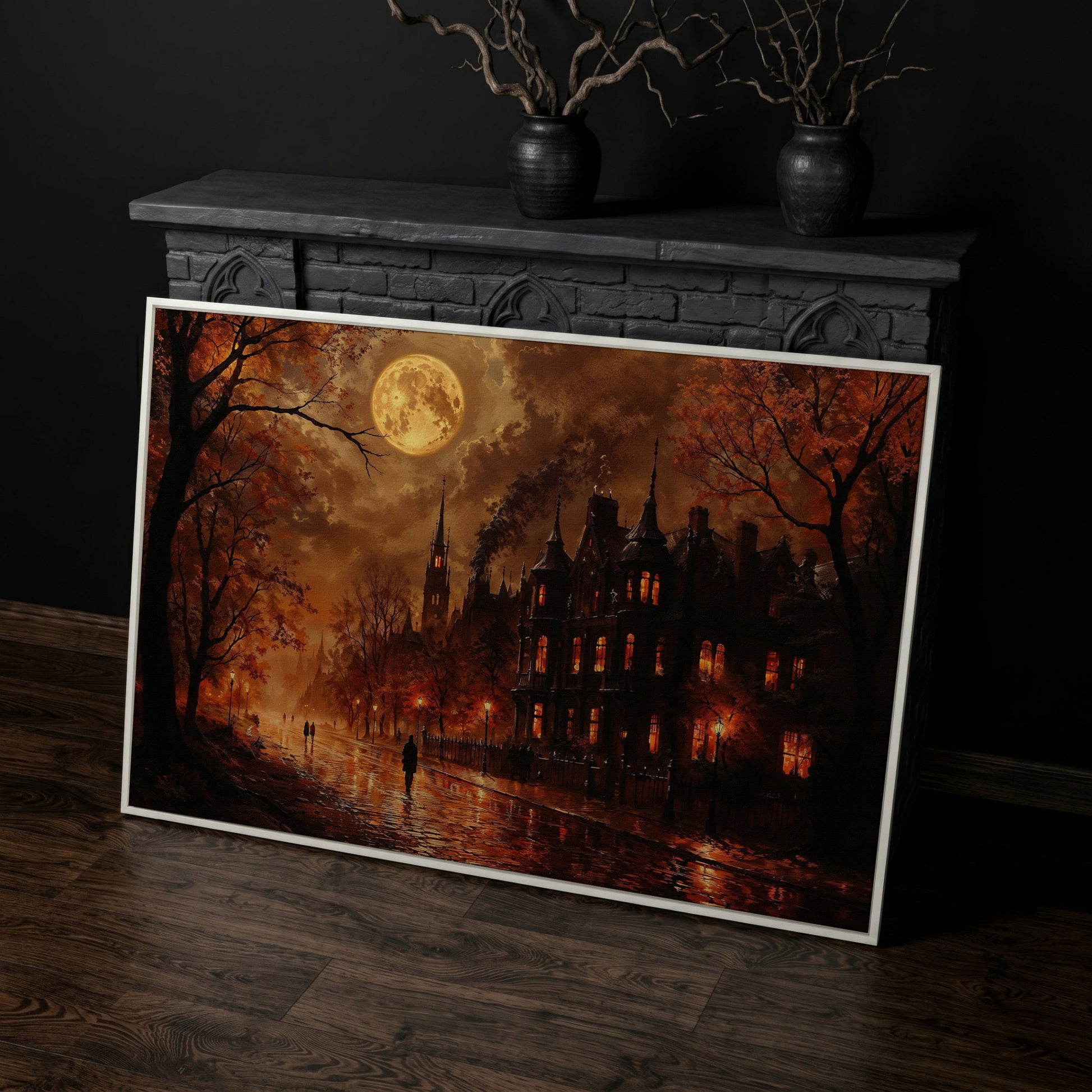 Gothic Moonlit Cityscape Canvas Art, Victorian Street Under Full Moon in white floating frame