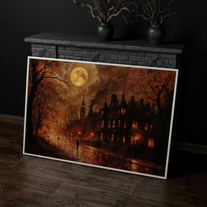 Gothic Moonlit Cityscape Canvas Art, Victorian Street Under Full Moon in white floating frame