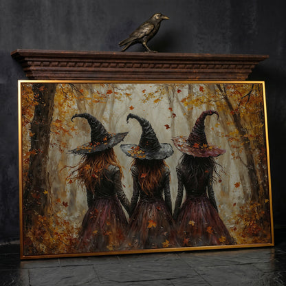Three Witches Walking Through a Fall Forest Canvas Wall Art in antique gold floating frame