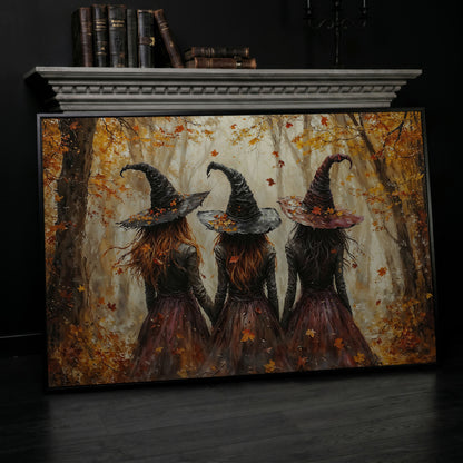 Three Witches Walking Through a Fall Forest Canvas Wall Art in black floating frame