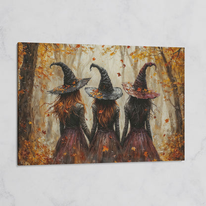 Three Witches Walking Through a Fall Forest Canvas Wall Art on gallery wrap