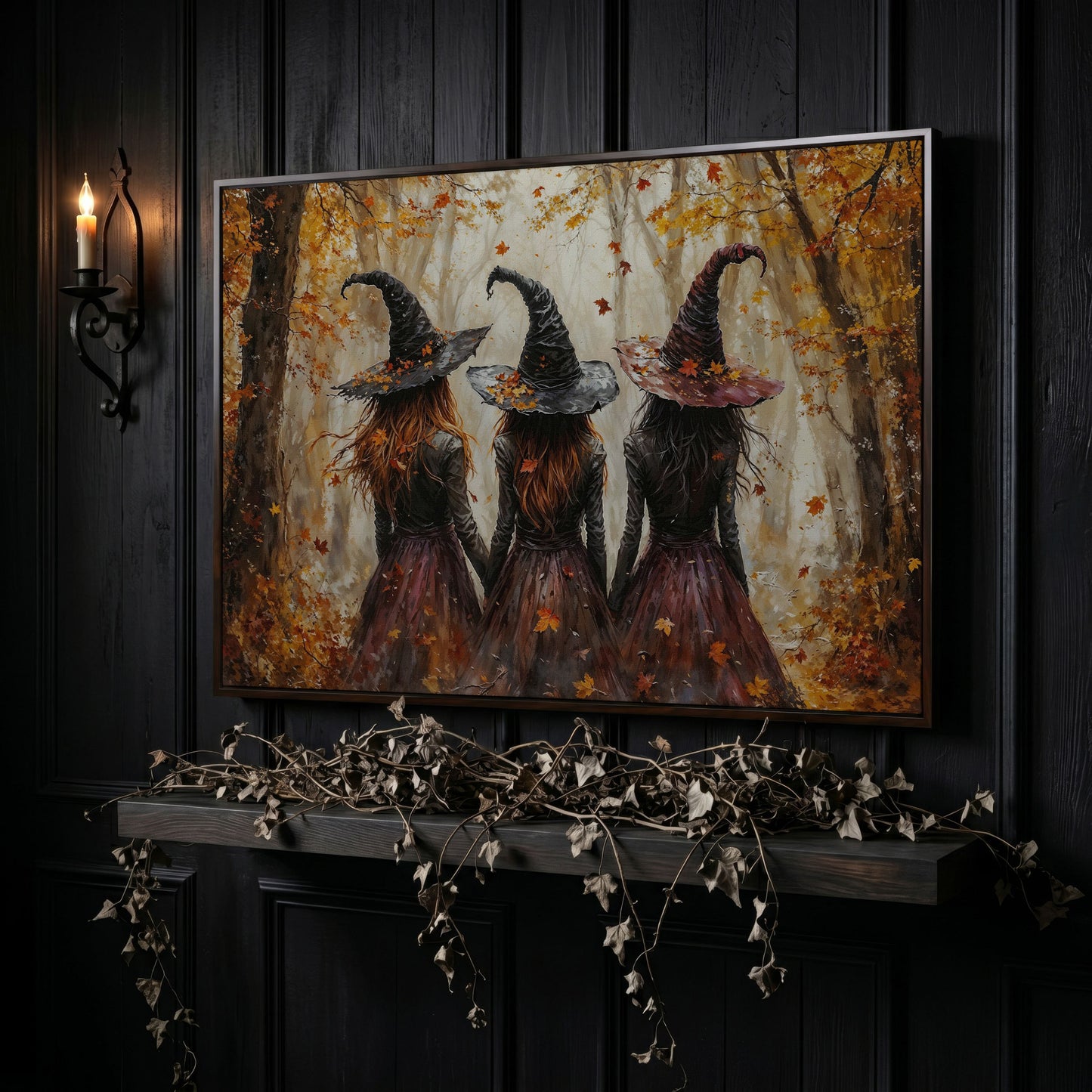 Three Witches Walking Through a Fall Forest Canvas Wall Art in dark walnut floating frame