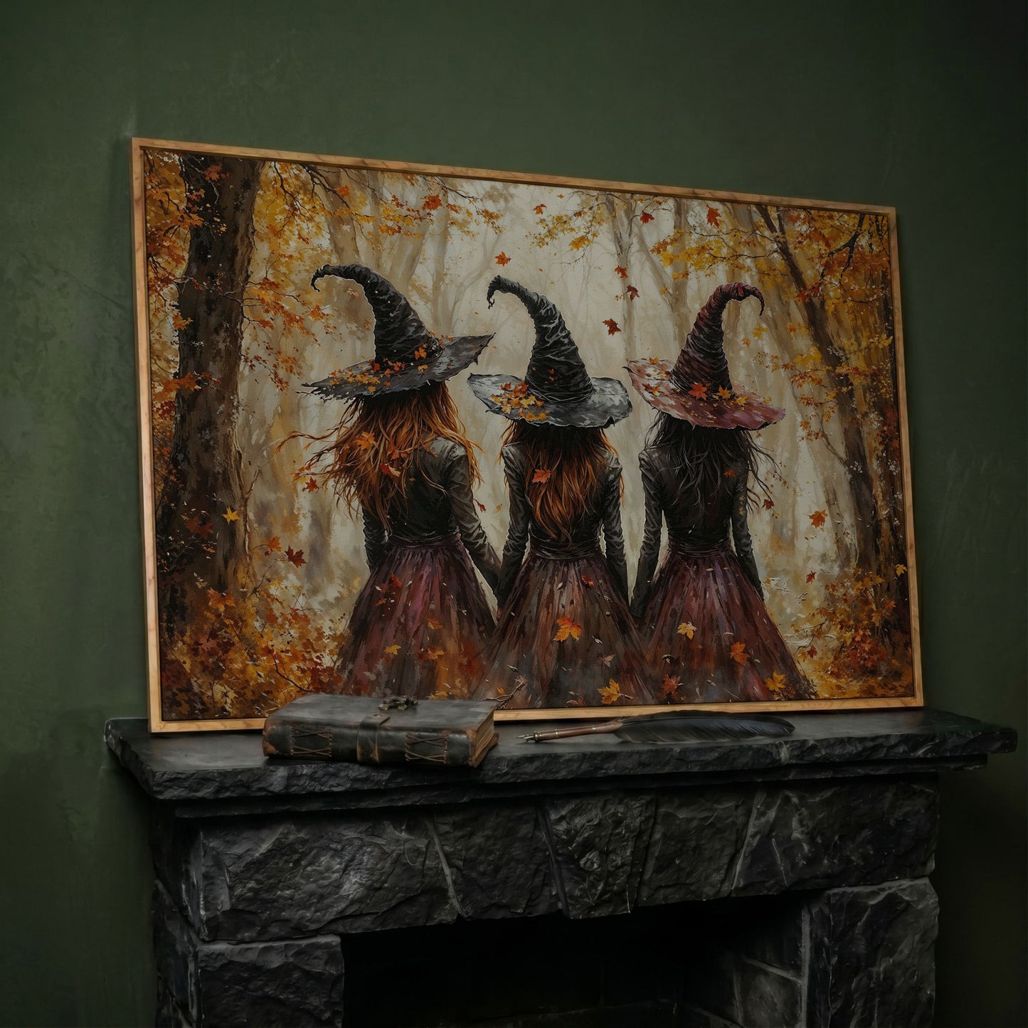 Three Witches Walking Through a Fall Forest Canvas Wall Art in white oak floating frame