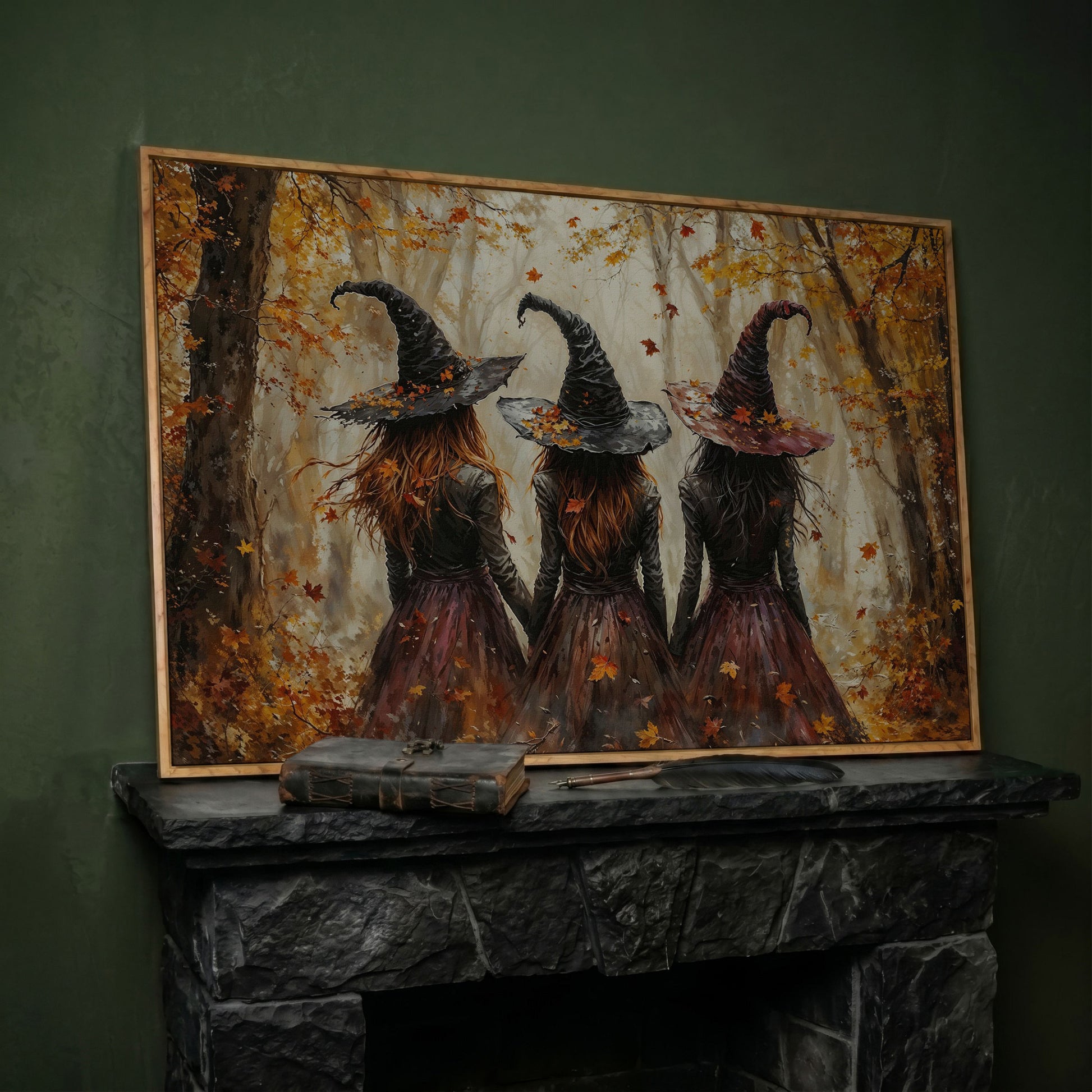 Three Witches Walking Through a Fall Forest Canvas Wall Art in white oak floating frame