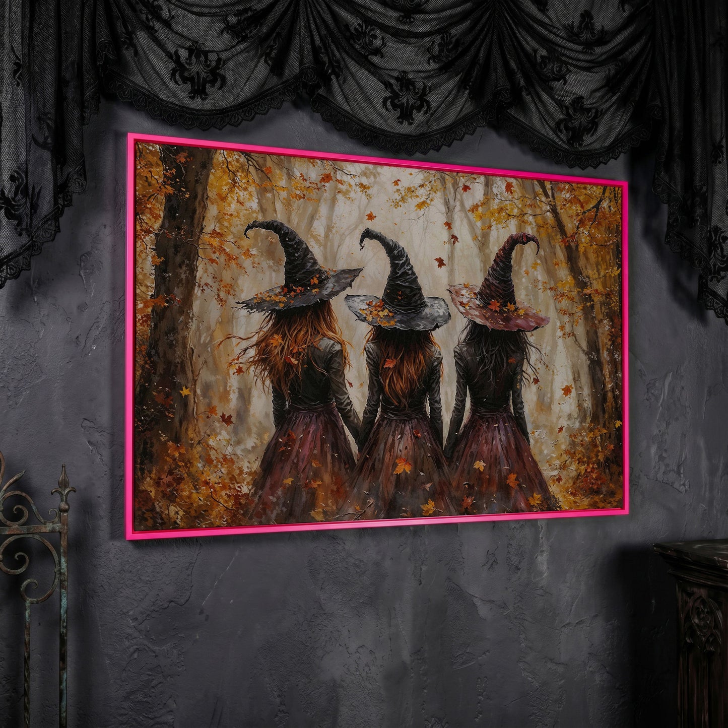 Three Witches Walking Through a Fall Forest Canvas Wall Art in pink floating frame