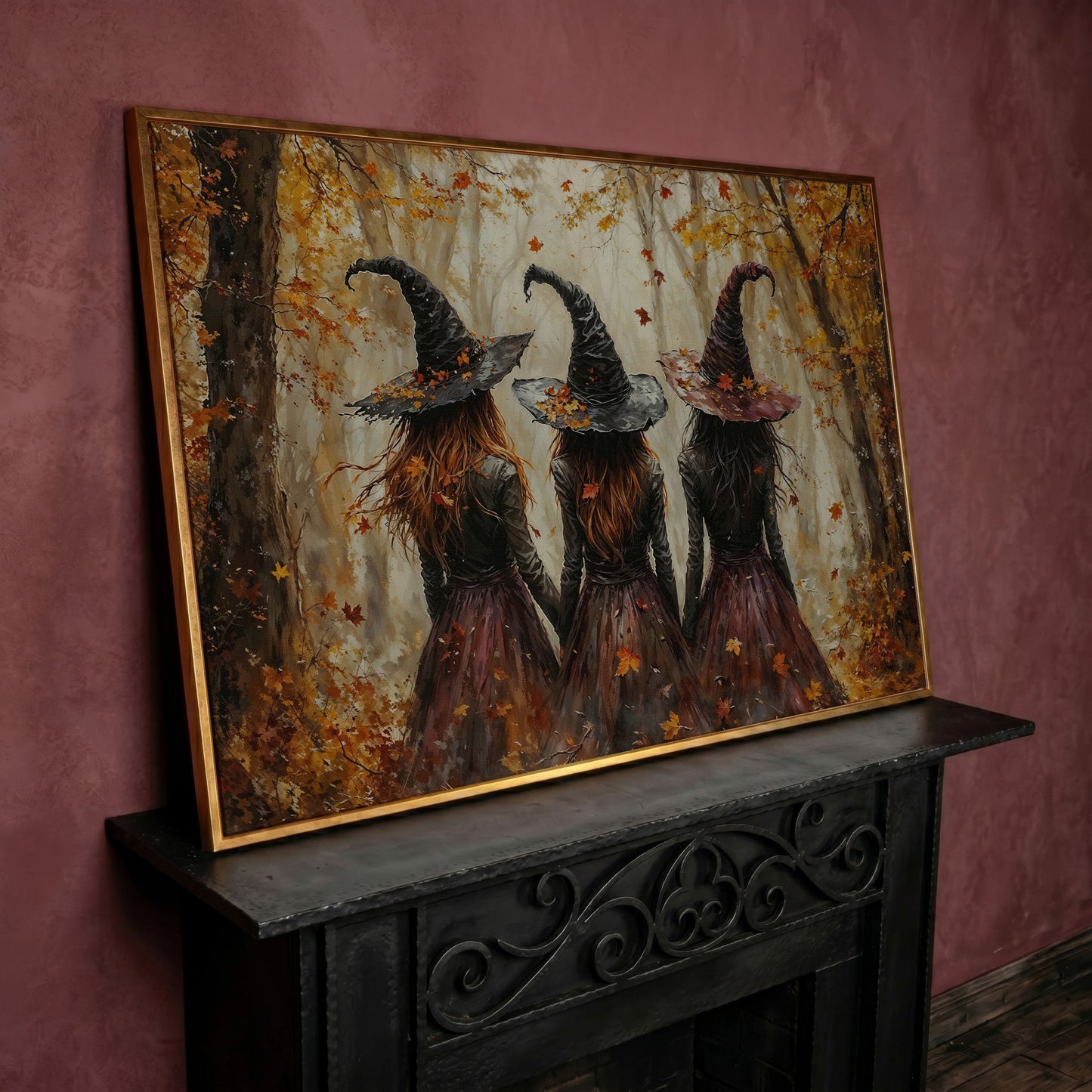 Three Witches Walking Through a Fall Forest Canvas Wall Art in rose gold floating frame
