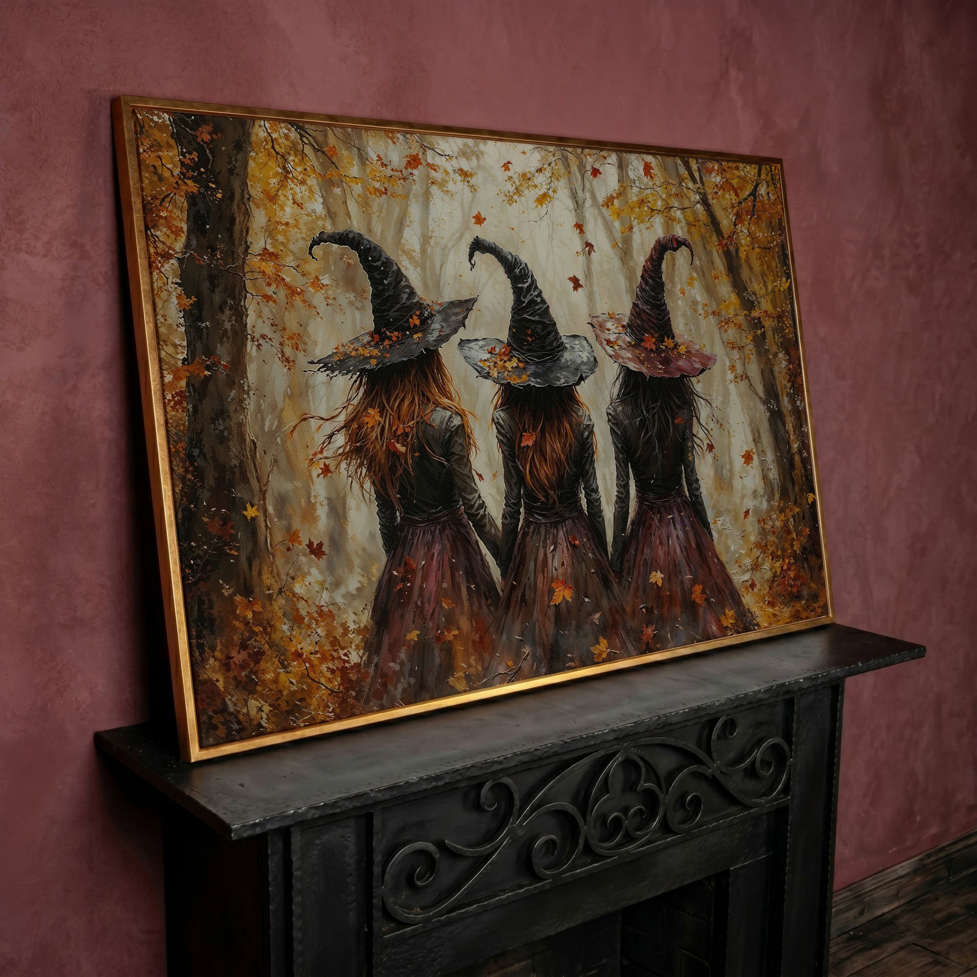Three Witches Walking Through a Fall Forest Canvas Wall Art in rose gold floating frame