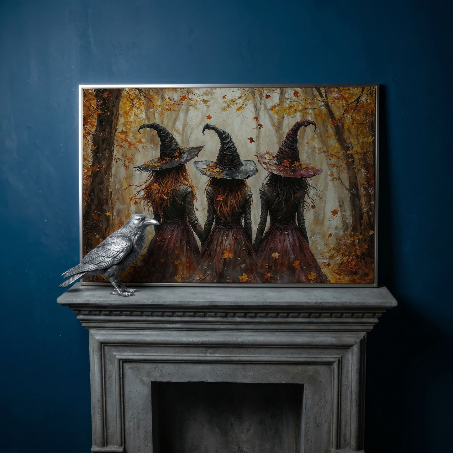 Three Witches Walking Through a Fall Forest Canvas Wall Art in silver floating frame