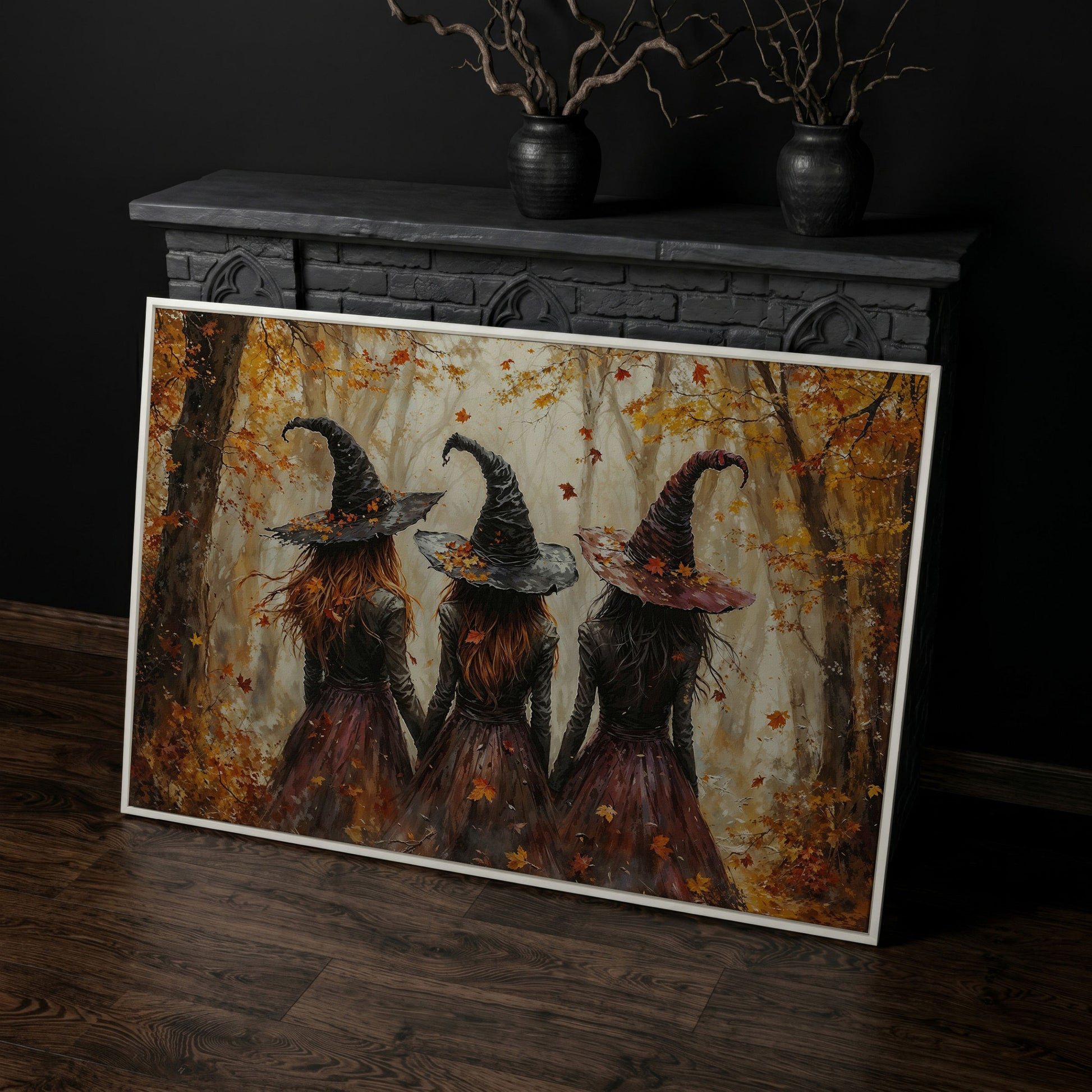 Three Witches Walking Through a Fall Forest Canvas Wall Art in white floating frame
