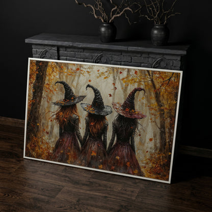 Three Witches Walking Through a Fall Forest Canvas Wall Art in white floating frame