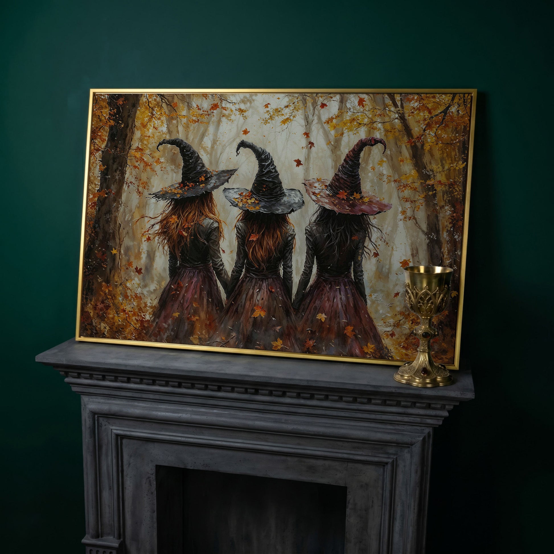 Three Witches Walking Through a Fall Forest Canvas Wall Art in yellow gold floating frame