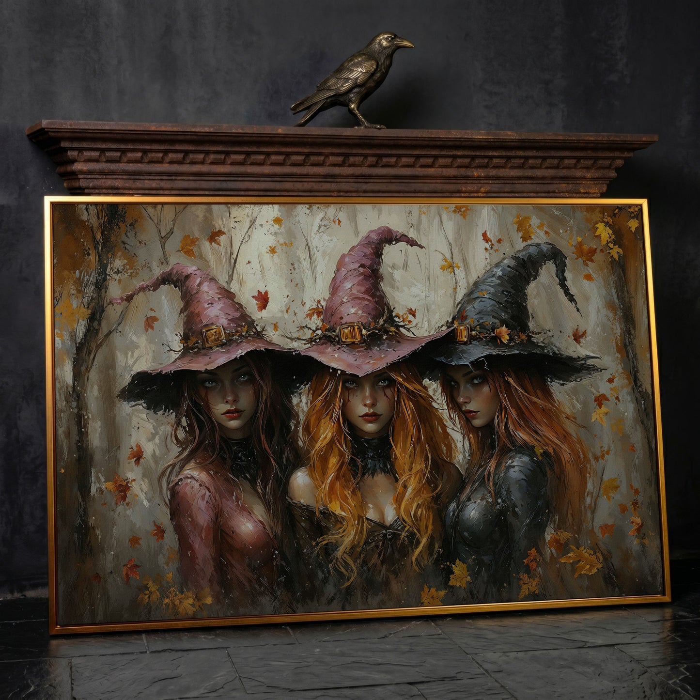 Enchanting Trio of Witches Canvas in antique gold floating frame