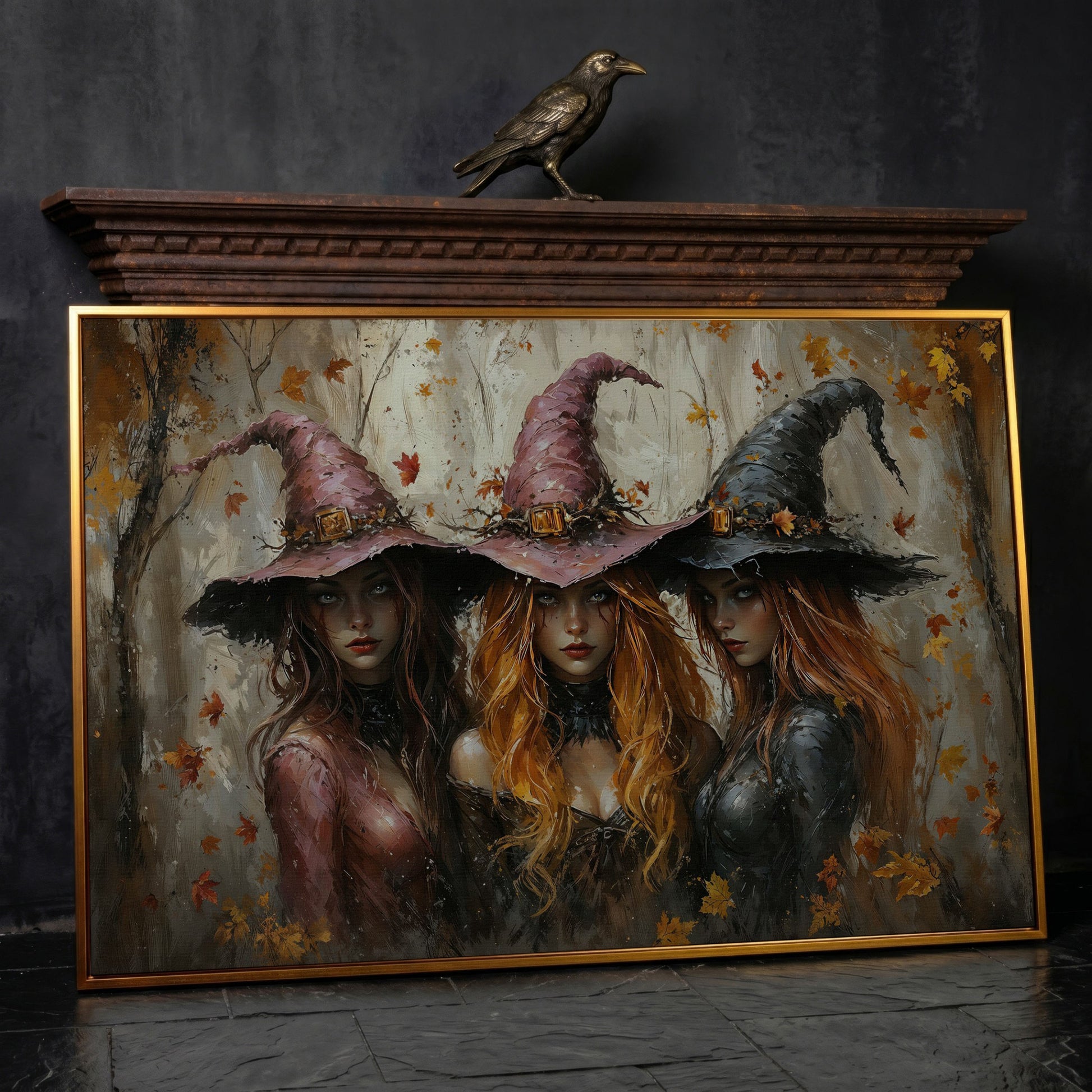 Enchanting Trio of Witches Canvas in antique gold floating frame