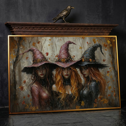 Enchanting Trio of Witches Canvas in antique gold floating frame
