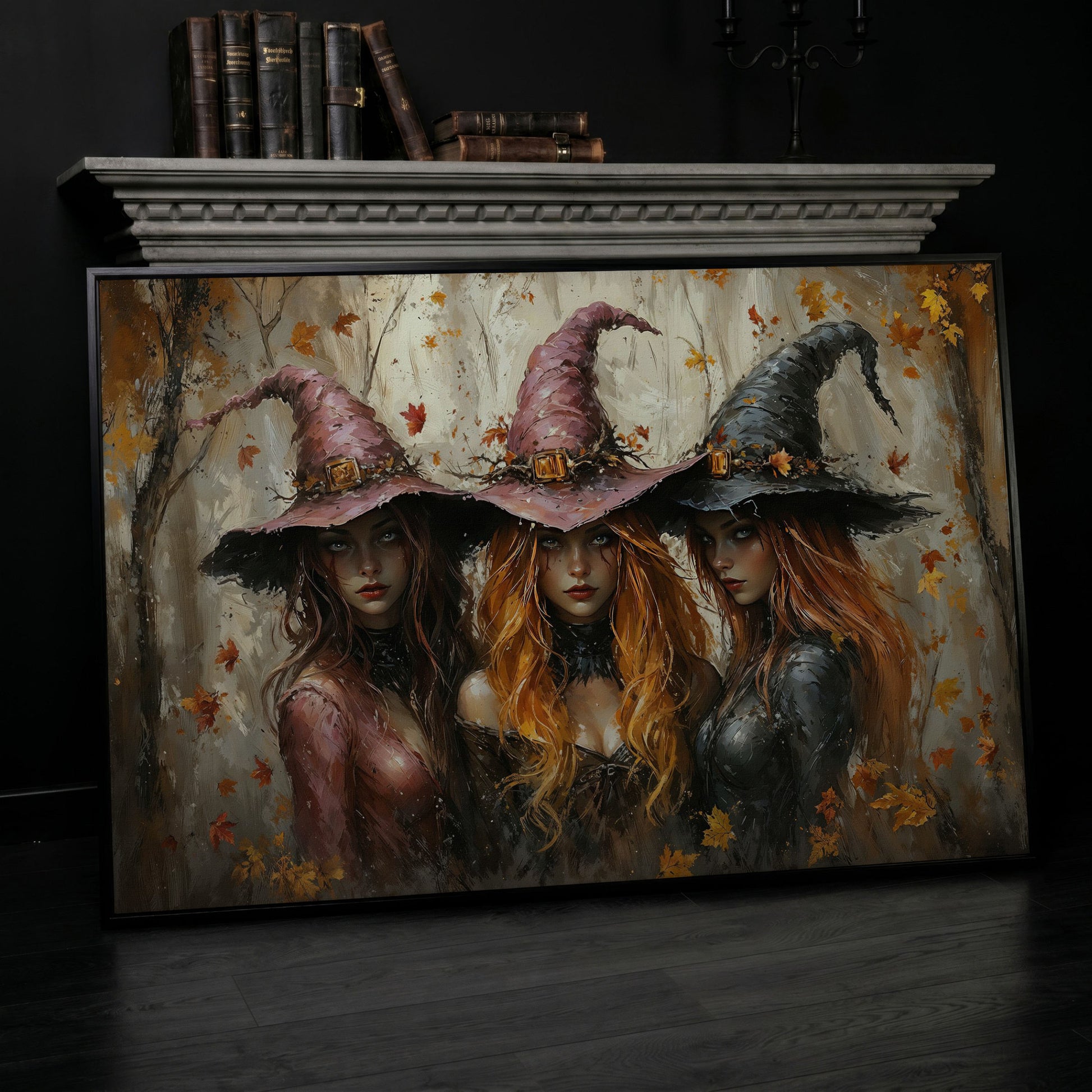 Enchanting Trio of Witches Canvas in black floating frame