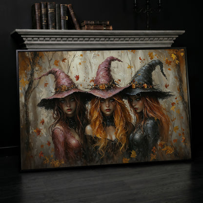 Enchanting Trio of Witches Canvas in black floating frame