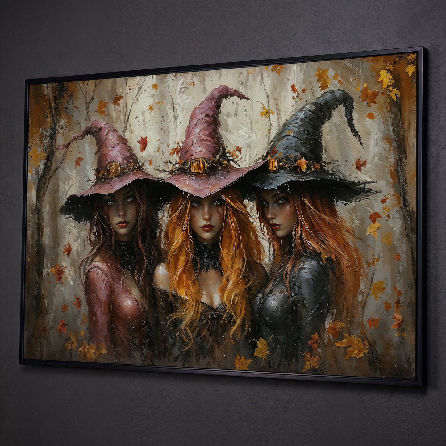 Enchanting Trio of Witches Canvas shown in black floating frame