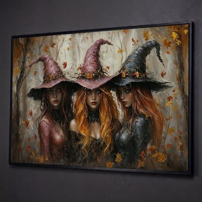 Enchanting Trio of Witches Canvas shown in black floating frame