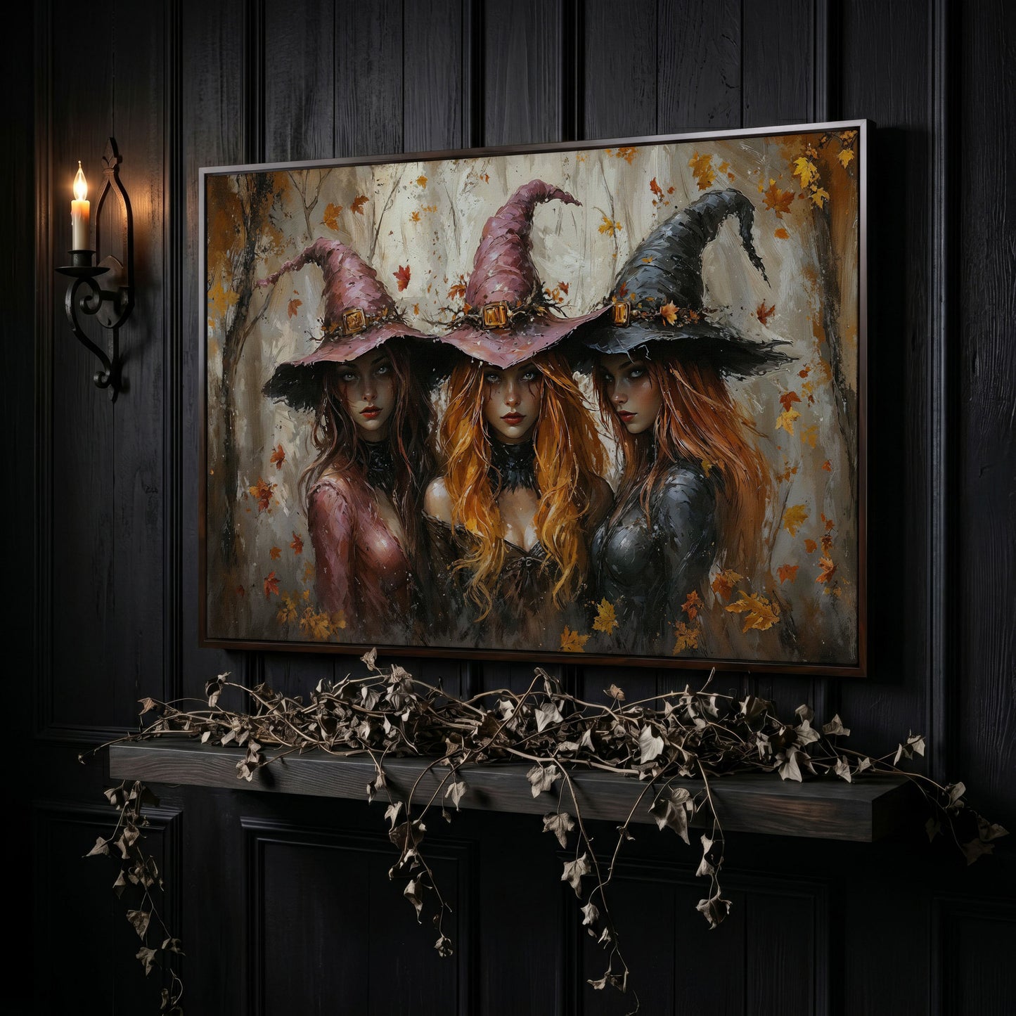 Enchanting Trio of Witches Canvas in dark walnut floating frame
