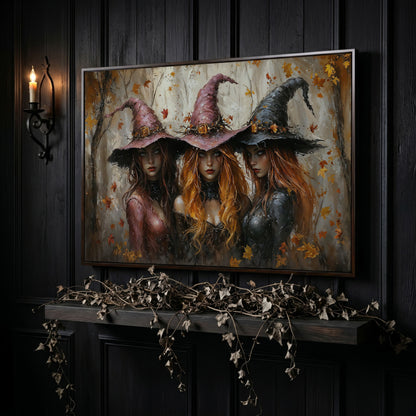 Enchanting Trio of Witches Canvas in dark walnut floating frame