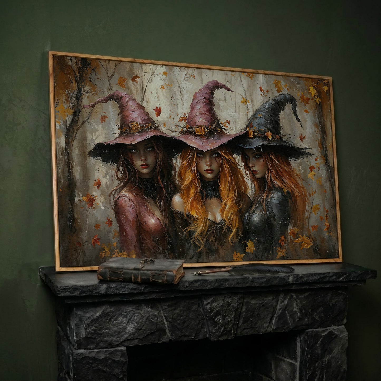 Enchanting Trio of Witches Canvas in white oak floating frame