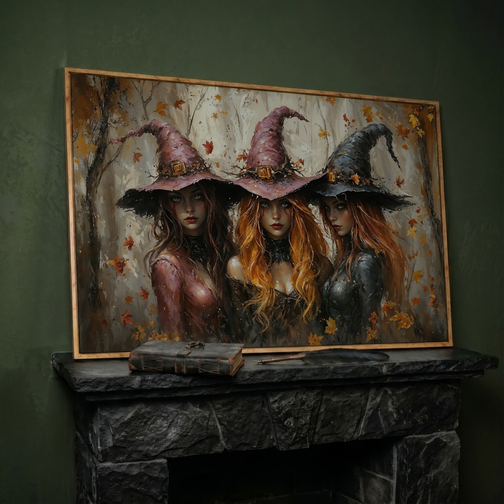Enchanting Trio of Witches Canvas in white oak floating frame