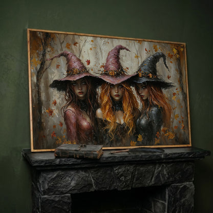 Enchanting Trio of Witches Canvas in white oak floating frame