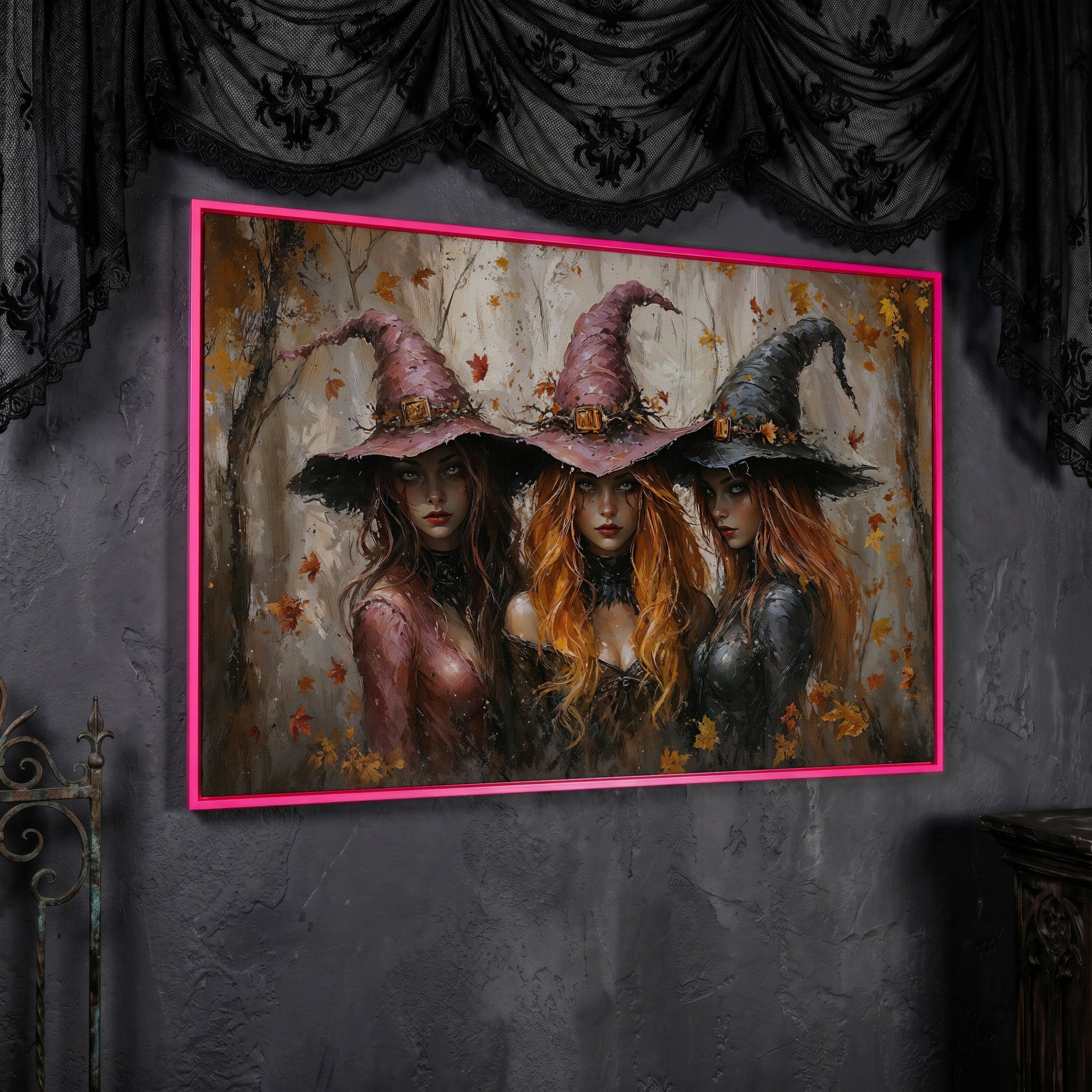 Enchanting Trio of Witches Canvas in pink floating frame