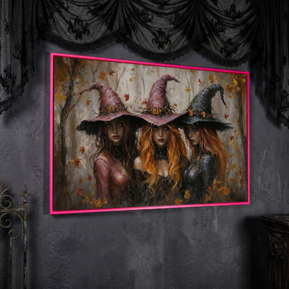 Enchanting Trio of Witches Canvas in pink floating frame