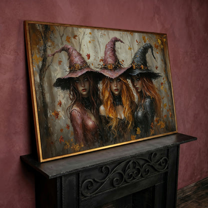 Enchanting Trio of Witches Canvas in rose gold floating frame