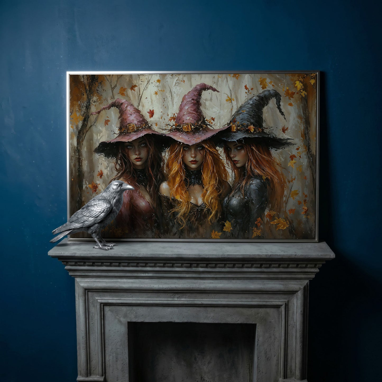 Enchanting Trio of Witches Canvas in silver floating frame