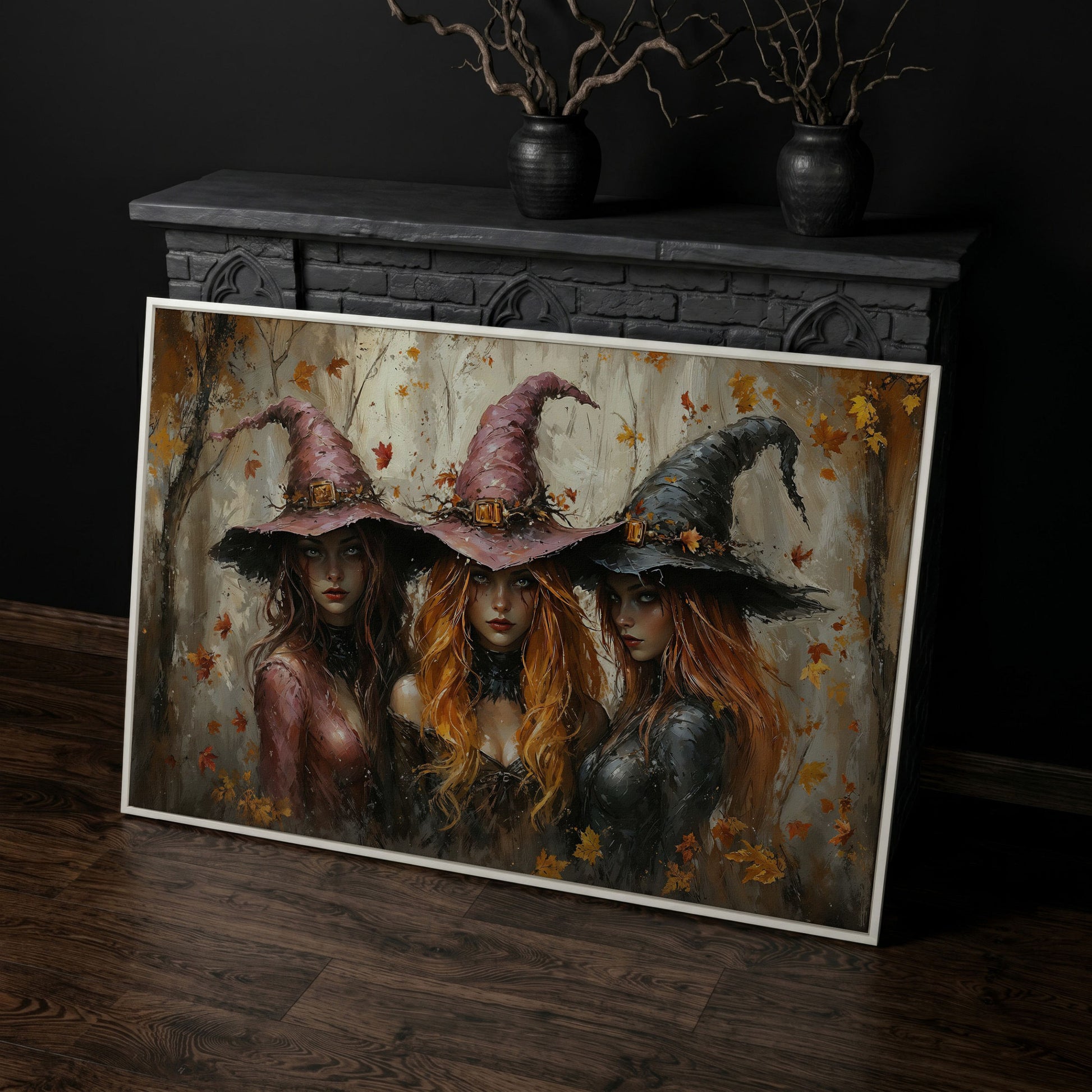 Enchanting Trio of Witches Canvas in white floating frame